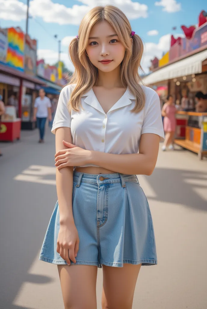 1girl, alone、gal ,(long twin tails),hair ribbon,blonde,brown eye、cowboy shot, collared polo shirt, pleated skirt, knee-high sock...