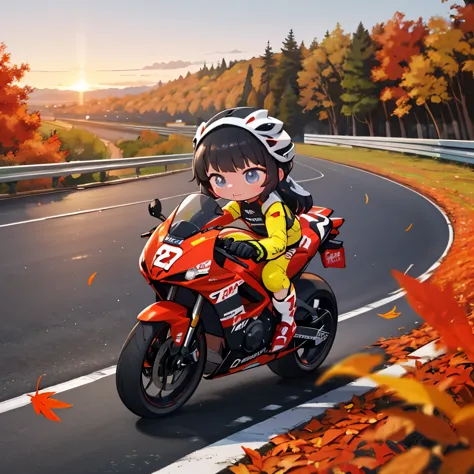 Highest quality，Little mascot girl, Rear View of a female racer racing on a road bike, Black Hair，Semi-long，stylish，Autumn road bike race, Behind the scenes of several road racers engaged in a heated battle, speed, Elevate your mood, Panoramic View, Female Racer、前方を走る別のFemale Racerを追いかける女性の後ろ姿, Chasing from behind, Rear View，Beautiful autumn leaves，At dusk，Beautiful sunset，