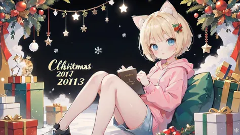 dynamic angle, dynamic pose, Blonde hair, (Graduation short hair:1.6), a girl in a pink hoodie, Christmas art style, Christmas theme, Christmas celebration, Christmas atmosphere, Christmas scene, Christmas night, detailed art in color, , Christmas wallpaper with reindeer, large view, kawacy, holy night, maplestory, short hair, bright blue eyes, big white hair ornament, (Blonde cat ears:1.6), pink hoodie, denim shorts, black sneakers,