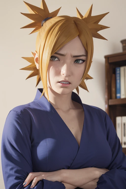 masterpiece, absurdres , (intricate details), (colorful),cinematic lighting,bust shot,extremely detailed CG unity 8k wallpaper,temari\(boruto\), 1girl,solo, medium breasts,blue kimono,crossed arms, looking at viewer, angry, frown, shaded face, clenched teeth,  indoors, 