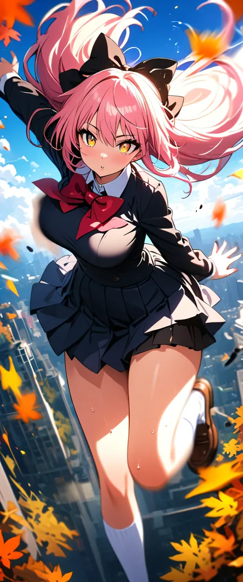 (beautiful girl: 1.3),One girl,masterpiece, Please redeem, Ultra-high resolution,Rich contrast,Very high quality,8k,Highly detailed CG unit wallpaper,Texture,So ridiculous,Ultra-high resolution,RAW Photos,Please redeem anime,Depth of written boundary 1.2,(pink hair, yellow eyes,),ultra-detailed eyes,Glowing Skin,Glitter Effect,Beautiful glossy lips,(autumn leaves),makeup,Long sleeve,(School uniform&Pleated skirt),mika jougasaki,(Large Breasts),hair bow,(((Jump high and fly through the sky))),(Motion Blur:2.0),Raise your arms high,blue sky,overlooking,(magnificent panorama view:1.3), 