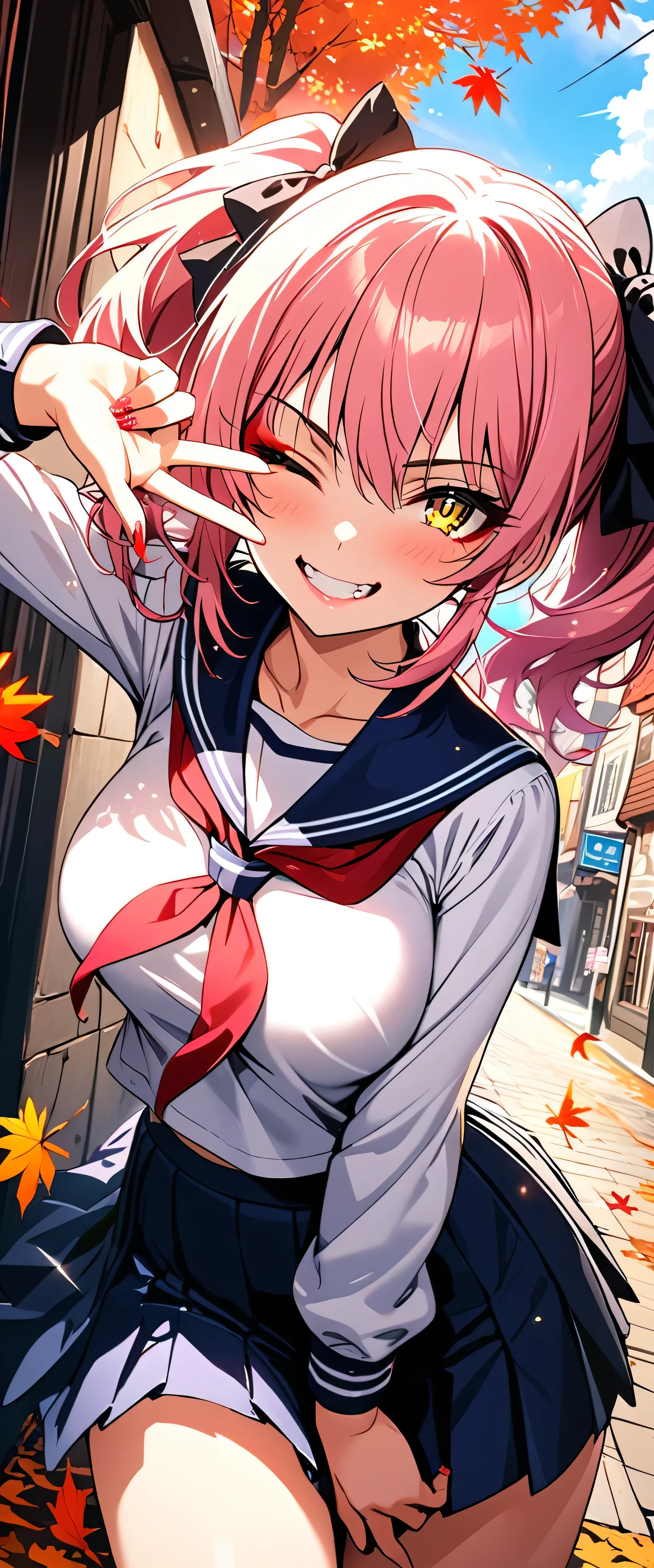 (beautiful girl: 1.3),One girl,masterpiece, Please redeem, Ultra-high resolution,Rich contrast,Very high quality,8k,Highly detailed CG unit wallpaper,Texture,So ridiculous,Ultra-high resolution,RAW Photos,Please redeem anime,Depth of written boundary 1.2,(pink hair, yellow eyes,),ultra-detailed eyes,Glowing Skin,Glitter Effect,Beautiful glossy lips,((autumn leaves)),heavy makeup,Long sleeve,(School uniform&Pleated skirt),Town,autumn leavesの木,grin,mika jougasaki,hair bow,one eye closed,Large Breasts