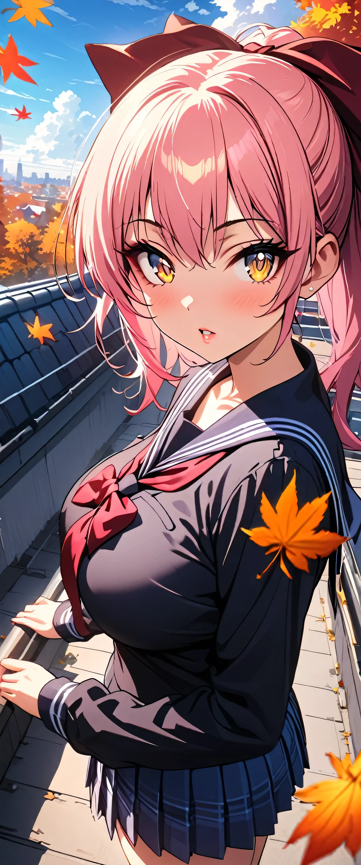 (beautiful girl: 1.3),One girl,masterpiece, Please redeem, Ultra-high resolution,Rich contrast,Very high quality,8k,Highly detailed CG unit wallpaper,Texture,So ridiculous,Ultra-high resolution,RAW Photos,Please redeem anime,Depth of written boundary 1.2,(pink hair, yellow eyes,),ultra-detailed eyes,Glowing Skin,Glitter Effect,Beautiful glossy lips,(autumn leaves),makeup,Long sleeve,(School uniform&Pleated skirt),School rooftop,mika jougasaki,(Large Breasts),hair bow,blue sky,(Rear View:1.5)