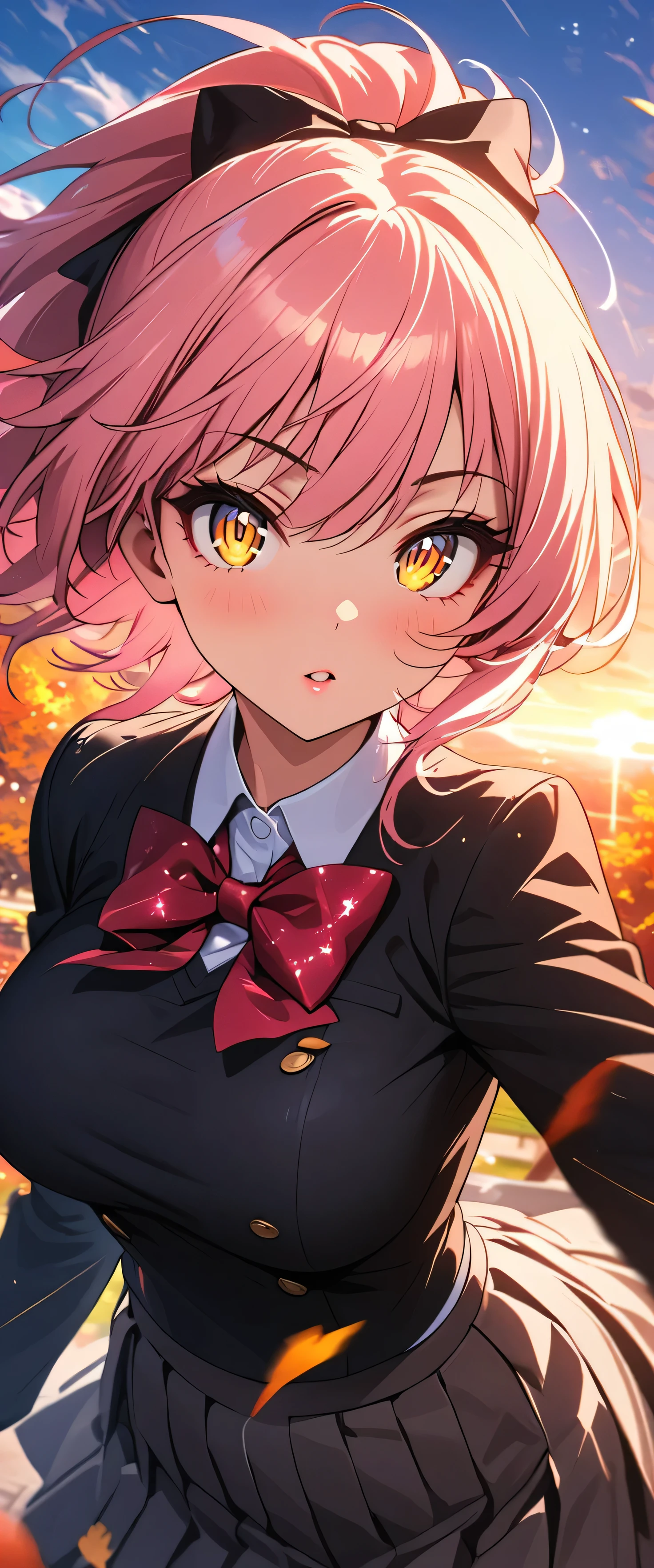 (beautiful girl: 1.3),One girl,masterpiece, Please redeem, Ultra-high resolution,Rich contrast,Very high quality,8k,Highly detailed CG unit wallpaper,Texture,So ridiculous,Ultra-high resolution,RAW Photos,Please redeem anime,Depth of written boundary 1.2,(pink hair, yellow eyes,),ultra-detailed eyes,Glowing Skin,Glitter Effect,Beautiful glossy lips,(autumn leaves),makeup,Long sleeve,(School uniform&Pleated skirt),mika jougasaki,(Large Breasts),hair bow,(((Jump high and fly through the sky))),(Motion Blur:2.0),Raise your arms high,blue sky,overlooking,(magnificent panorama view:1.3), 