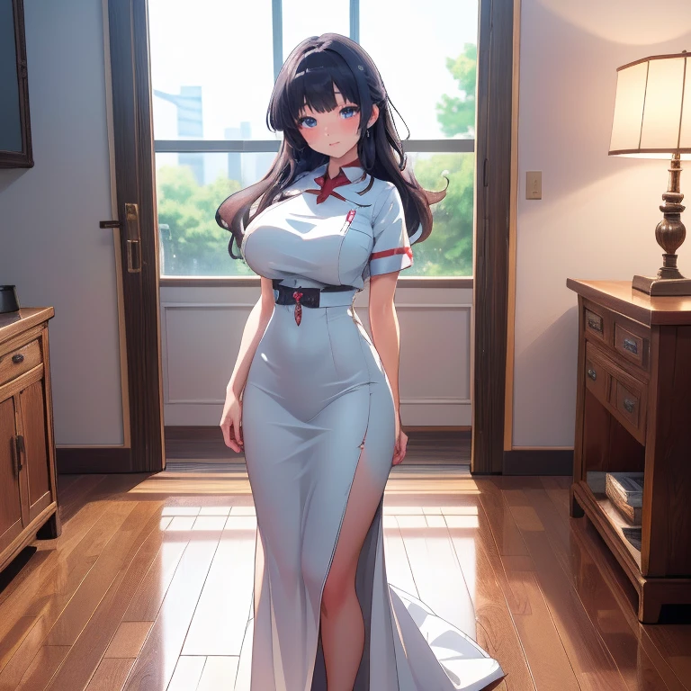 full body Waifu beautiful detailed eyes, beautiful detailed lips, extremely detailed eyes and face, longeyelashes, 1girl, sensual, young woman, sexy medium / large breasts, beautiful feminine face, nice sexy thighs, slim, sexy, erotic, beautiful clothes, perfect body, perfect anatomy of female, cinematic lighting and framing, (best quality,4k,8k,highres,masterpiece:1.2),ultra-detailed,digital painting,portrait,glamorous,highly detailed,soft lighting, vivid color tones ((masterpiece)), ((best quality)), (ultra-detailed) best quality, masterpiece ((Highest quality、masterpiece、anime style、best quality、high resolution、8k、detailed、ultra-detailed:1.3)) Masterpiece, high quality (Cute eyes) ((Best Quality)), ((masterpiece)), (detailed), A very cute beautiful girl Best Quality, masterpiece, Ultra-high resolution, (Realism: 1.4), Original photo, One girl, Conservatively dressed, Nurse attire, Cinema Lighting, Big Breasts,Out of breath,Glowing Skin, Beautiful body, Very detailed,