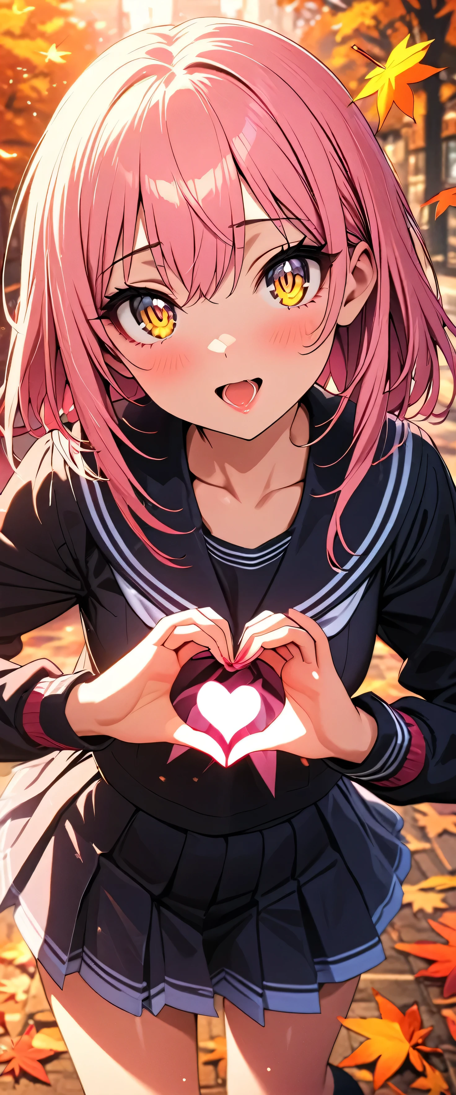 (beautiful girl: 1.3),One girl,masterpiece, Please redeem, Ultra-high resolution,Rich contrast,Very high quality,8k,Highly detailed CG unit wallpaper,Texture,So ridiculous,Ultra-high resolution,RAW Photos,Please redeem anime,Depth of written boundary 1.2,(pink hair, yellow eyes,),ultra-detailed eyes,Glowing Skin,Glitter Effect,Beautiful glossy lips,((autumn leaves)),makeup,Long sleeve,(School uniform&Pleated skirt),Town,autumn leavesの木,mika jougasaki,Absolute territory,Embarrassing,Leaning forward,look up,Tilt your head,(((Heart Hands))),Open your mouth wide,Too cute