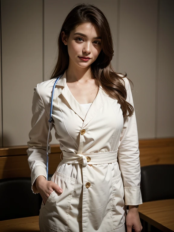 (SFW), (Wide shot), A beautiful woman, (1girl, solo, 23yo), in a white doctor suit, with a stethoscope, in (private hospital, luxurious Wardroom:1.3). (eyes to camera, looking at viewer, smile warmly), High quality image, masterpiece, detailed hair texture, detailed skin texture, detailed cloth texture, 8k, add fabric details, ultra detailed skin texture, ultra detailed photo, skin pores, cloth details, high skin details, realistic hair details, highly details, rich colors, film grain, detailed fabric rendering, lifelike rendering, detailed fabric rendering,epiC35mm