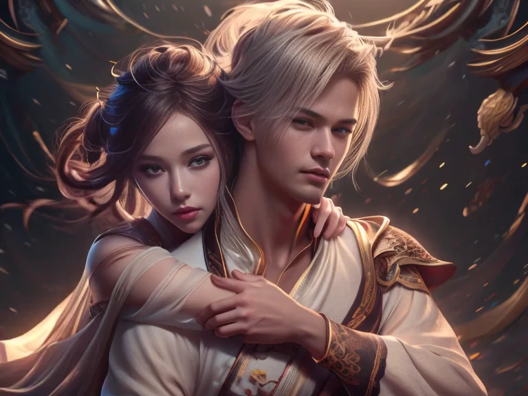 (Best Quality, Super Detail, Masterpiece, Representative Work, Official Art, Professional, Super Fine Detail, 8k:1.3), (photorealism:1.2), (Couple, Beautiful Girl and Boy), A couple in the sea of flowers, Handsome guy hugs beautiful girl from behind, Smiling and Wearing White Clothes, Delicate Hair, Chinese Beauty and Handsome Man, Wearing Ancient Chinese Clothes, Flowing Tulle, Light Silk, Create a movie poster similar to those used in Chinese romantic fantasy dramas, Correct proportions, Perfect face, perfect hands, Sweet atmosphere, Photorealistic, Sharp Focus, Dreamy Atmosphere, Delicate Details, Soft Volumetric Light, (Backlight:1.3), (Cinematic:1.2), Intricate Details, (ArtStation:1.3)