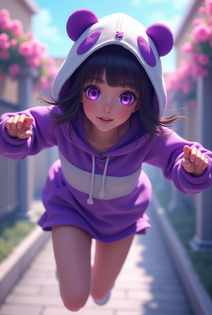 a sexy apealing girl in purple and white hoodie with panda ears on hoodie cap  , sparkling purple big cute  eyes  , leaping in the air , lower angle view 