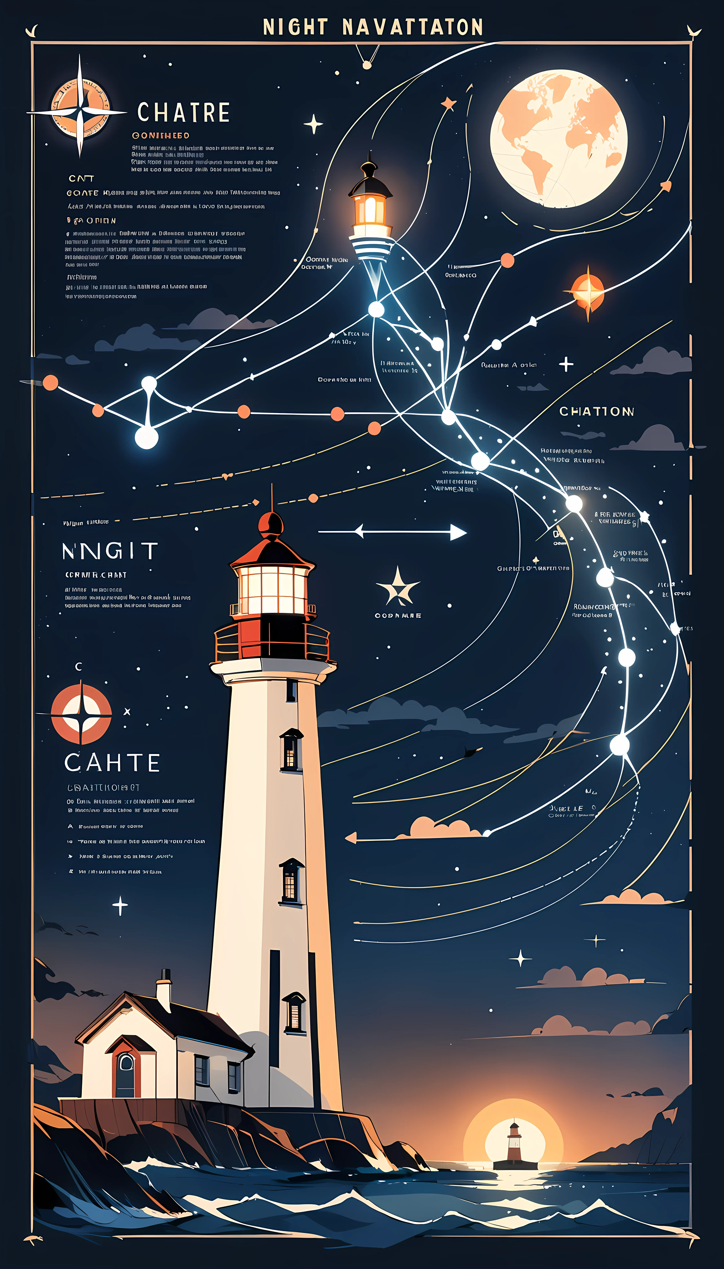 Night navigation chart, A route connected by lighthouse symbols, 