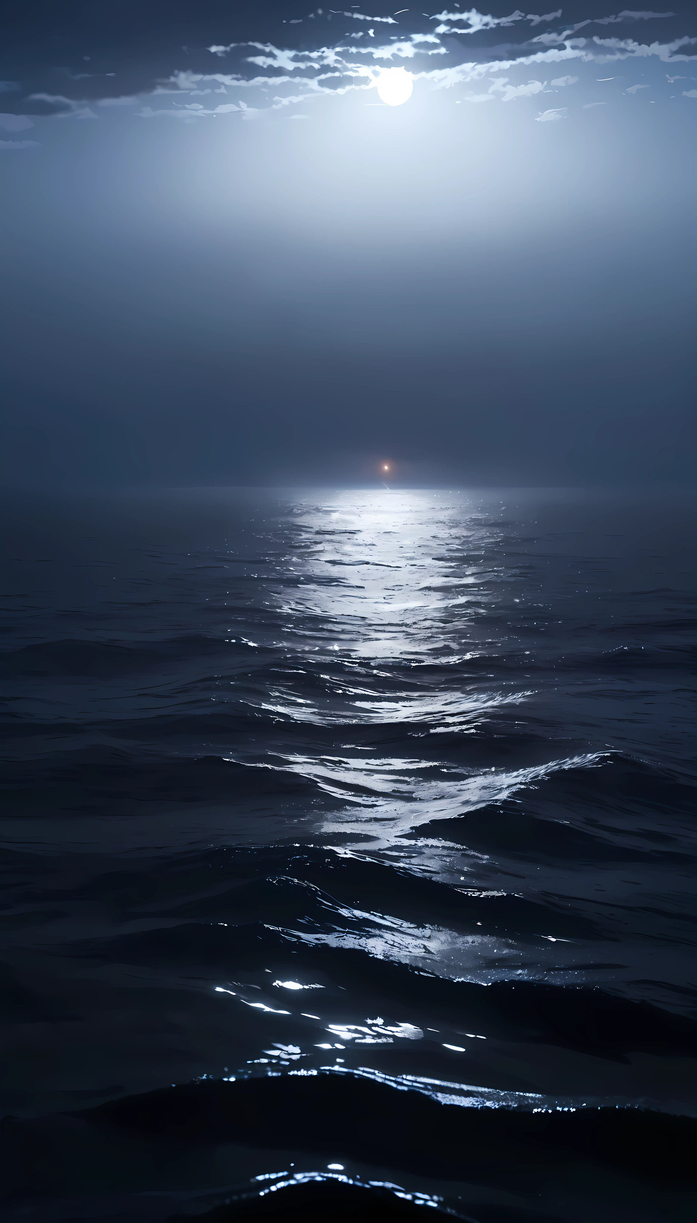 View from the deck of the ship, A tiny light seen far away, On the ocean shrouded in fog, A strong and vivid light floating on the surface of the ocean at night