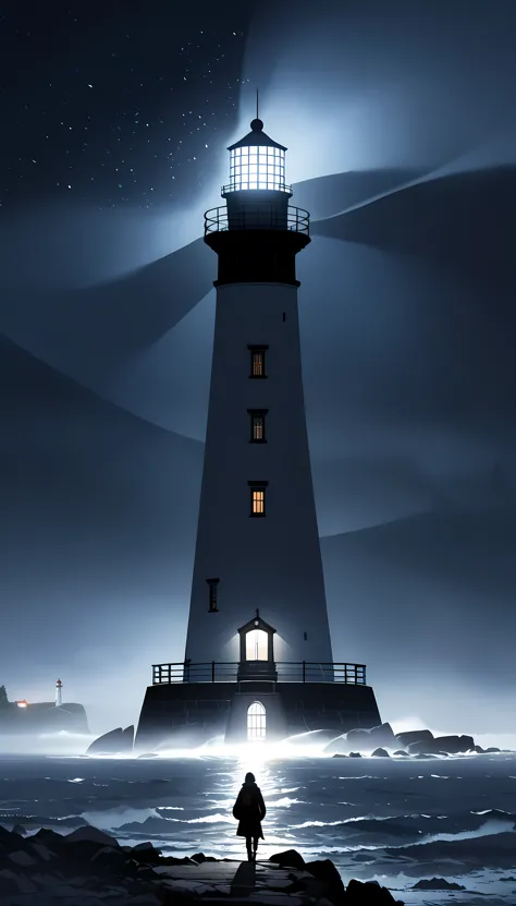 A misty scene, Lighthouse at night, Denial of clarity, Lighthouse at night, The destination indicated by the lighthouse&#39;s strong light, Only the areas illuminated by light are depicted clearly., The light of the lighthouse is filled with transparency