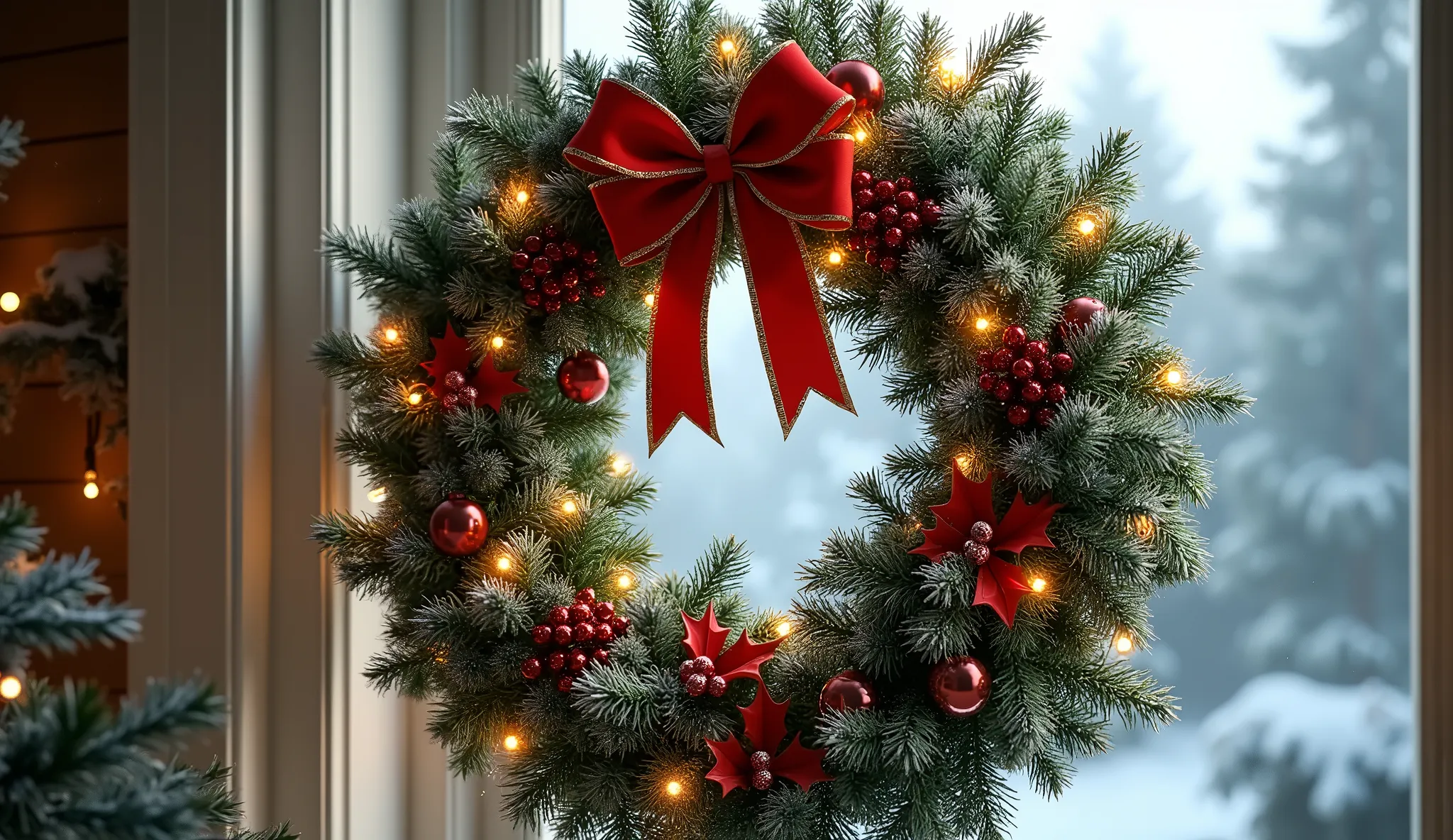 (best quality,4k,8k,highres,masterpiece:1.2),ultra-detailed,(realistic,photorealistic,photo-realistic:1.37),christmas wreath,detailed christmas ornaments,intricate holly leaves and berries,vibrant red and green colors,soft glowing lights,sparkling tinsel,detailed pine branches,festive holiday atmosphere,warm cozy lighting,snow covered pine cones,elegant ribbon bow,frosty winter background