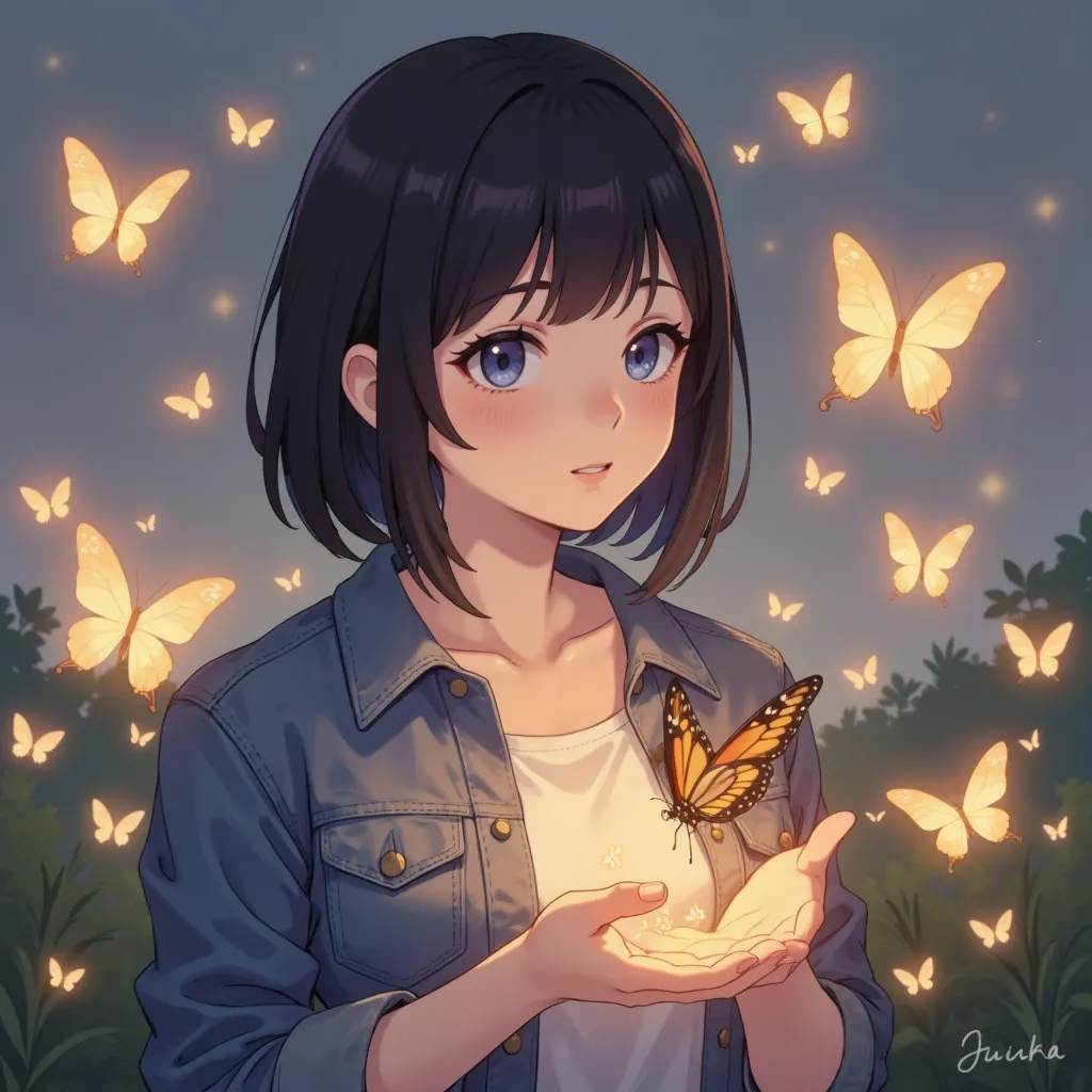 a bob cut girl gently holding a swallowtail butterfly close to her chest, denim jacket, magical light surrounding them, the ligh...