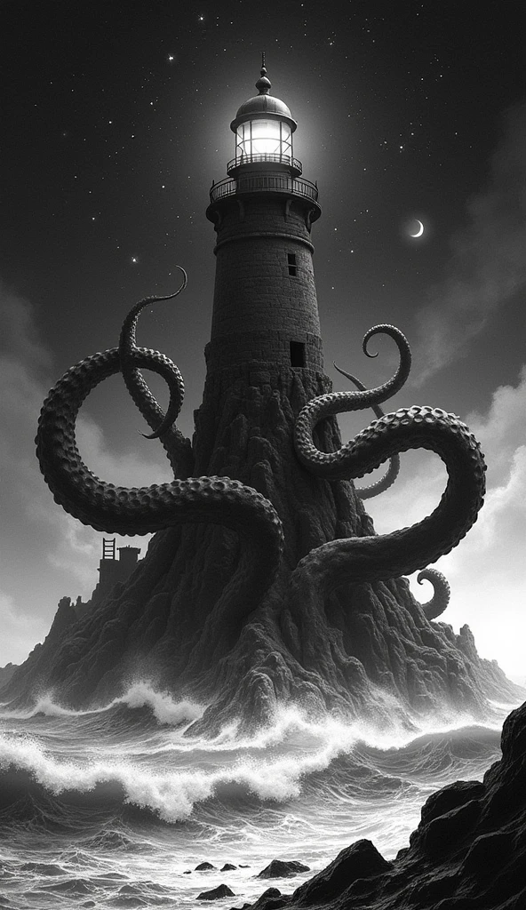 There is a tall lighthouse on the sea，Background is starry sky,Rough seas，A giant Cthulhu octopus attacks the reef，Tentacles wrapped around the lighthouse，Tentacle Monster，Falcraft style giant octopus，Ruined lighthouse, A beam of golden light from the lighthouse shines into the distance，A terrifying atmosphere roams around, Black and white illustration, Dark Concept Art, Lovecraftian style，Detailed digital illustrations,High contrast