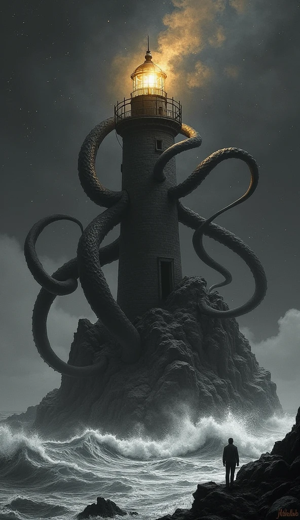 There is a tall lighthouse on the sea，Background is starry sky,Rough seas，A giant Cthulhu octopus attacks the reef，Tentacles wrapped around the lighthouse，Tentacle Monster，Falcraft style giant octopus，Ruined lighthouse, A beam of golden light from the lighthouse shines into the distance，A terrifying atmosphere roams around, Black and white illustration, Dark Concept Art, Lovecraftian style，Detailed digital illustrations,High contrast