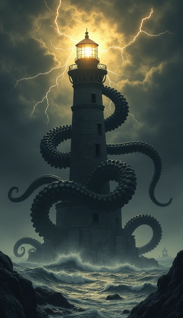 There is a tall lighthouse on the sea，Background is starry sky,Rough seas，A giant Cthulhu octopus attacks the reef，Tentacles wrapped around the lighthouse，Tentacle Monster，Falcraft style giant octopus，Ruined lighthouse, A beam of golden light from the lighthouse shines into the distance，A terrifying atmosphere roams around, Black and white illustration, Dark Concept Art, Lovecraftian style，Detailed digital illustrations,High contrast