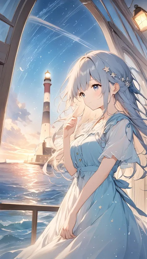 Pale lines and soft colors create a dreamlike effect., Fleeting Impressions..,One Woman、Lighthouse keeper watching over the lighthouse、A sky full of stars、Big lighthouse in the background、Streaks of light