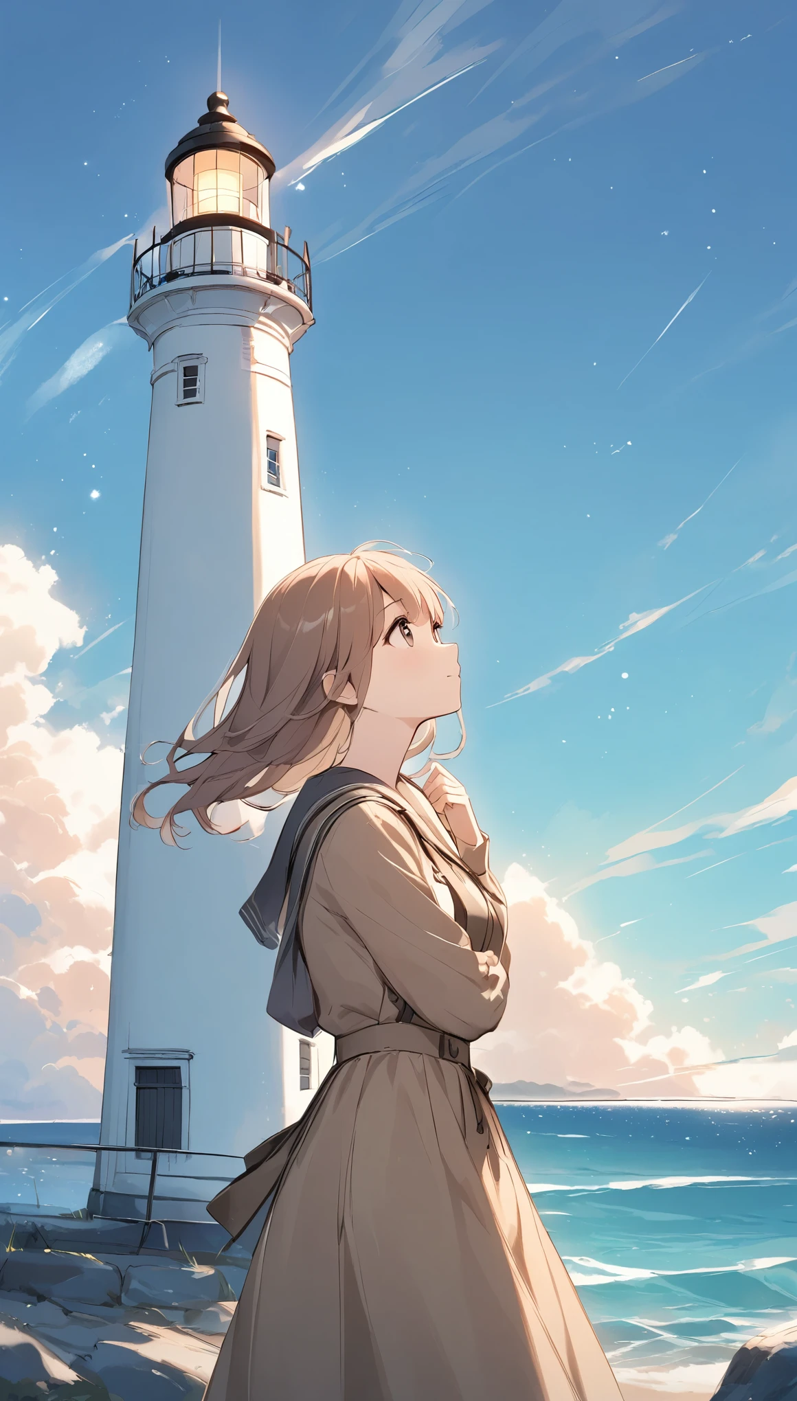 Pale lines and soft colors create a dreamlike effect., Fleeting Impressions..,One Woman、Brown clothing、Lighthouse Keeper、Girl watching the lighthouse、look up