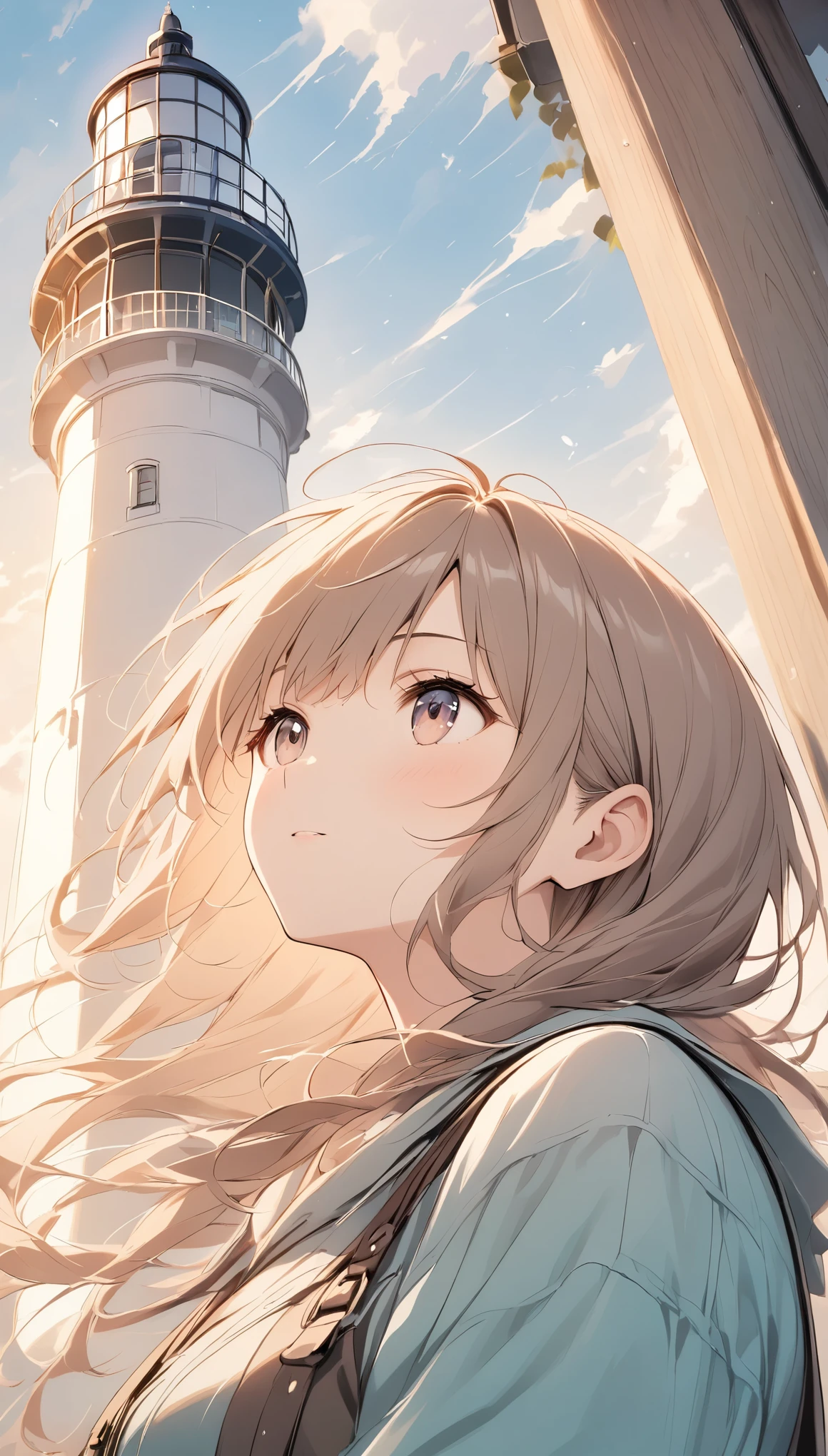 Pale lines and soft colors create a dreamlike effect., Fleeting Impressions..,One Woman、Brown clothing、Lighthouse Keeper、Girl watching the lighthouse、look up,Warm Light