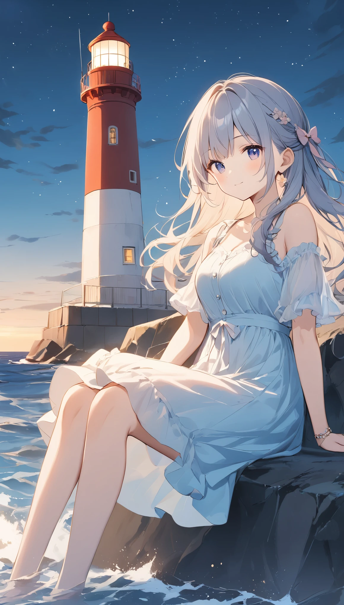 Pale lines and soft colors create a dreamlike effect., Fleeting Impressions..,One Woman、Breakwater and lighthouse、Girl sitting on breakwater、A sky full of stars、night