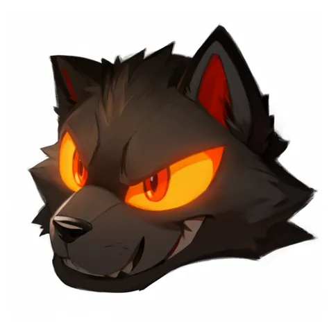 Black male anthro wolf head, teenager age around 20 years old but in tiny cartoon artstyle, big glowing orange eyes with red pupil and black in the red pupil, smiling mouth, detailed smiling mouth, detailed perfect high quality 4k graphic 2d art, perfect light quality, perfect shadow quality