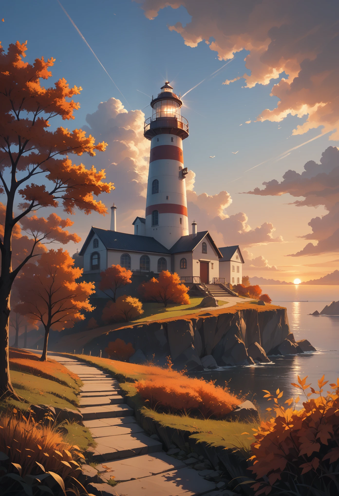 score_9, score_8_up, score_7_up, (masterpiece, best quality, UHD, 8K, 16K, ultra detailed), scenery, 1lighthouse, loneliness, sunset, autumn, (red leaves:1.1), (wind:1.2), [wave], cozy, vibrant color, cinematic composition, diffused light, dramatic ambient