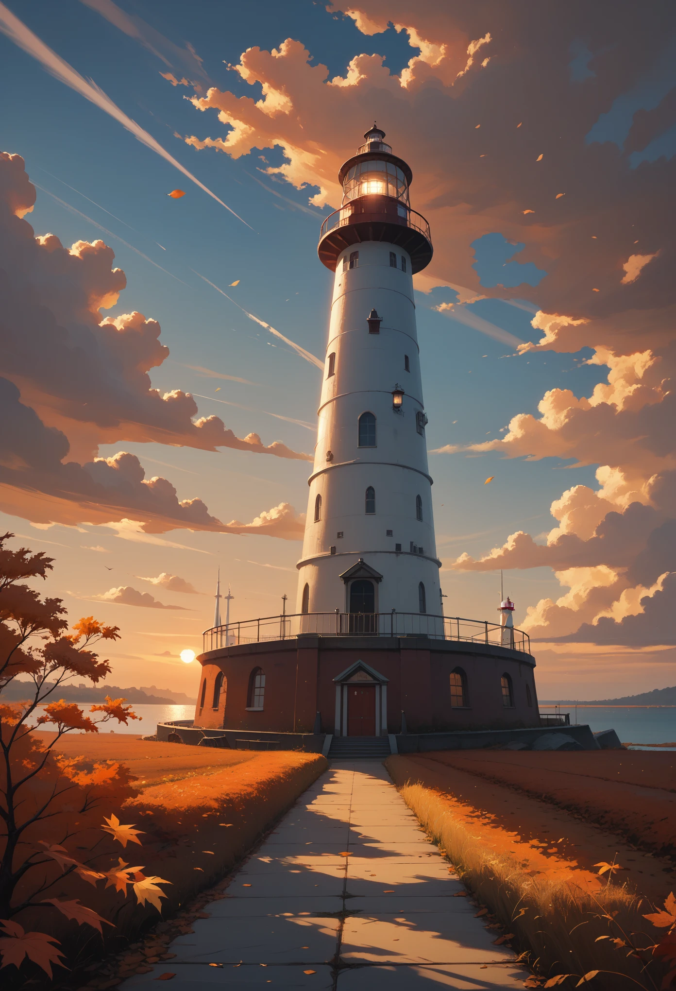 score_9, score_8_up, score_7_up, (masterpiece, best quality, UHD, 8K, 16K, ultra detailed), scenery, 1lighthouse, loneliness, sunset, autumn, (red leaves:1.1), (wind:1.2), [wave], cozy, vibrant color, cinematic composition, diffused light, dramatic ambient