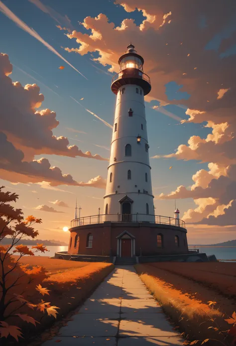 score_9, score_8_up, score_7_up, (masterpiece, UHD, 8K, 16K, ultra detailed), scenery, 1lighthouse, loneliness, sunset, (autumn), (wind:1.2), cozy, diffused light, dramatic ambient