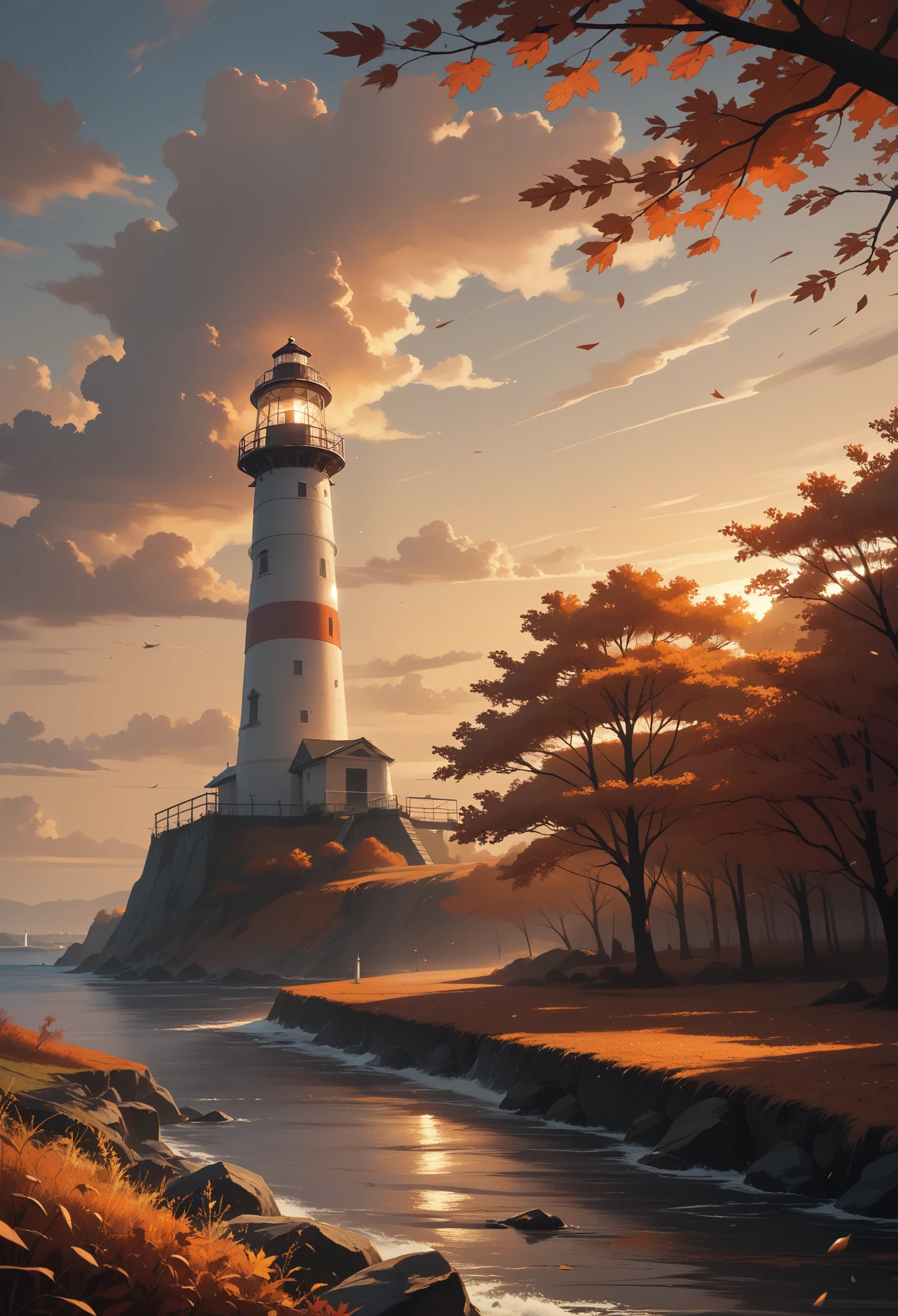 score_9, score_8_up, score_7_up, (masterpiece, best quality, UHD, 8K, 16K, ultra detailed), scenery, 1lighthouse, loneliness, sunset, autumn, (red leaves:1.1), (wind:1.2), [wave], cozy, vibrant color, cinematic composition, diffused light, dramatic ambient