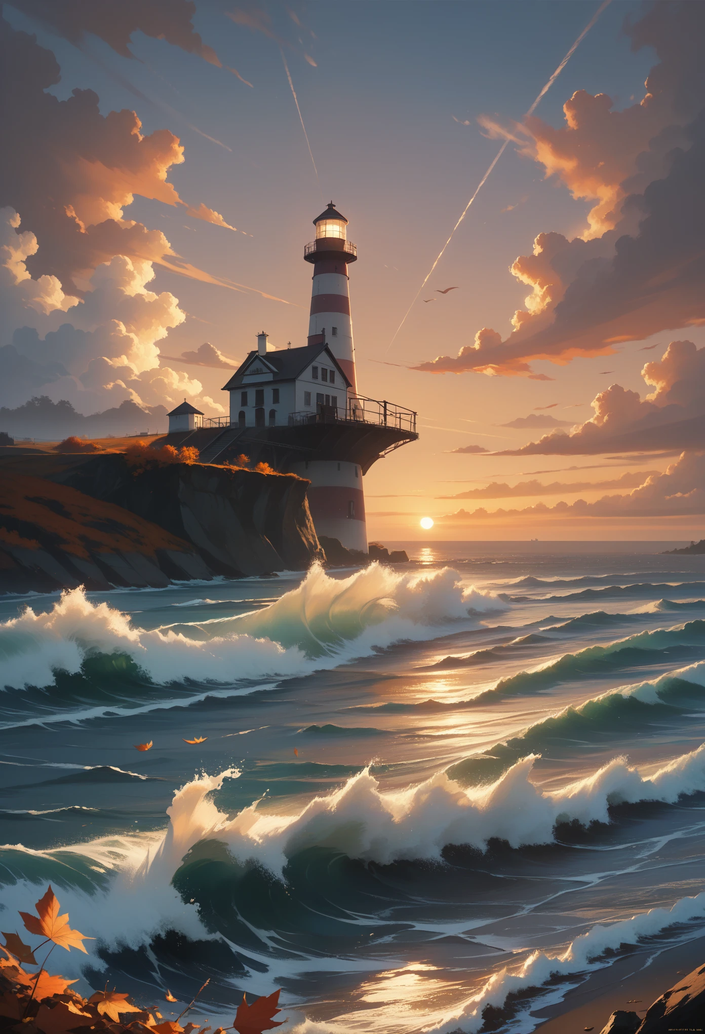 score_9, score_8_up, score_7_up, (masterpiece, best quality, UHD, 8K, 16K, ultra detailed), scenery, 1lighthouse, loneliness, sunset, autumn, (wind:1.2), (wave), cozy, diffused light, dramatic ambient