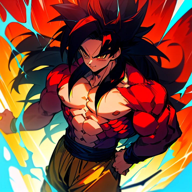 highres, High quality,(Beautiful), ((masterpiece)),vibrant colors, son goku, son goku gt,1boy,closed mouth, solo, super saiyan 4, dragon ball gt, yellow pants, black boots, blue ribbon, ((some red fur on arms and chest)), red saiyan tail, (very long hair), (red eyeliner),male focus, muscular, muscular male, pectorals, solo, spiked hair,((black hair)), (pupils),yellow eyes,standing,spiked hair, red aura, electricity, smile,upper body,red eyeliner,