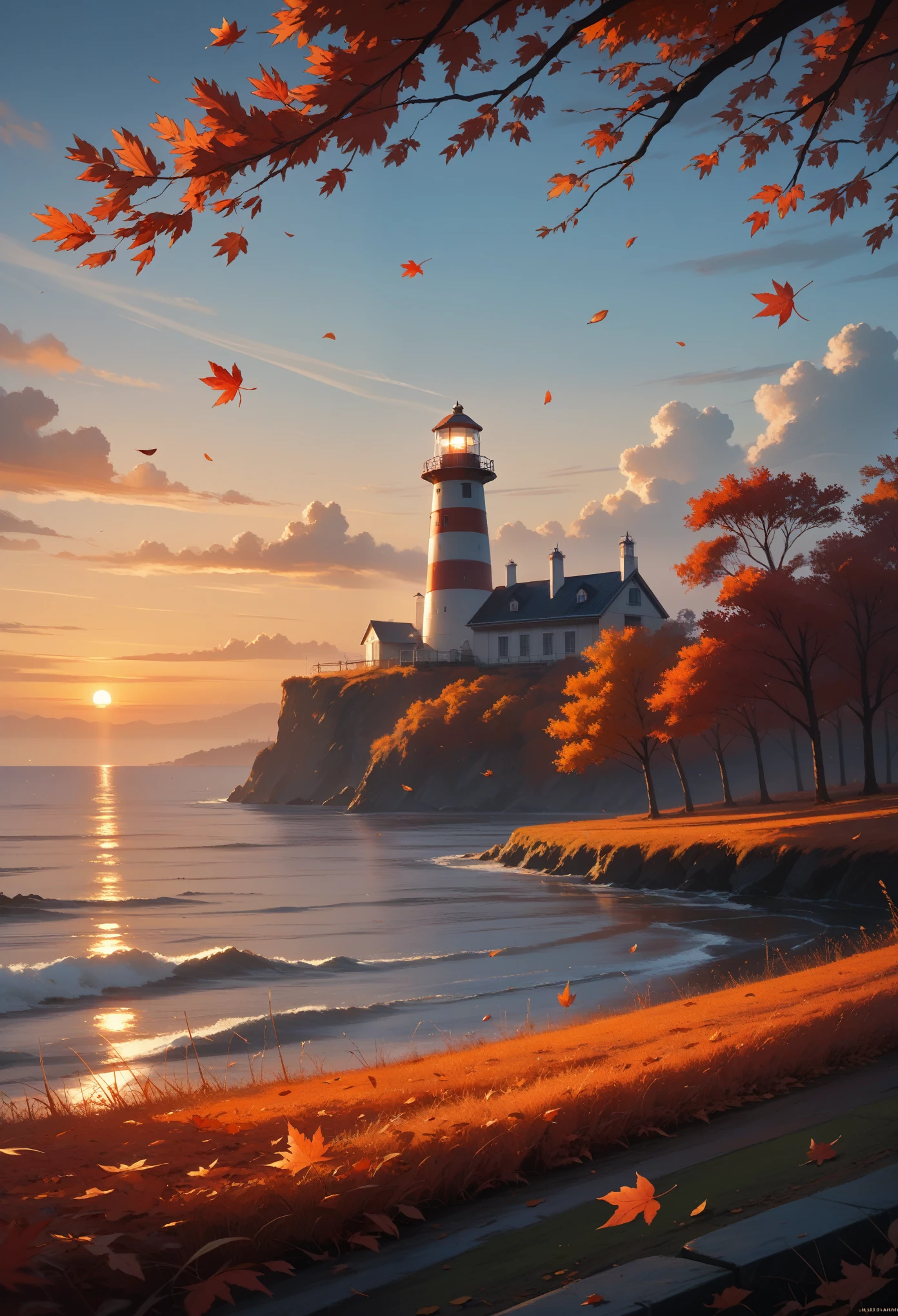 score_9, score_8_up, score_7_up, (masterpiece, best quality, UHD, 8K, 16K, ultra detailed), scenery, 1lighthouse, loneliness, sunset, autumn, (red leaves:1.1), (wind:1.2), cozy, cinematic composition, diffused light, dramatic ambient