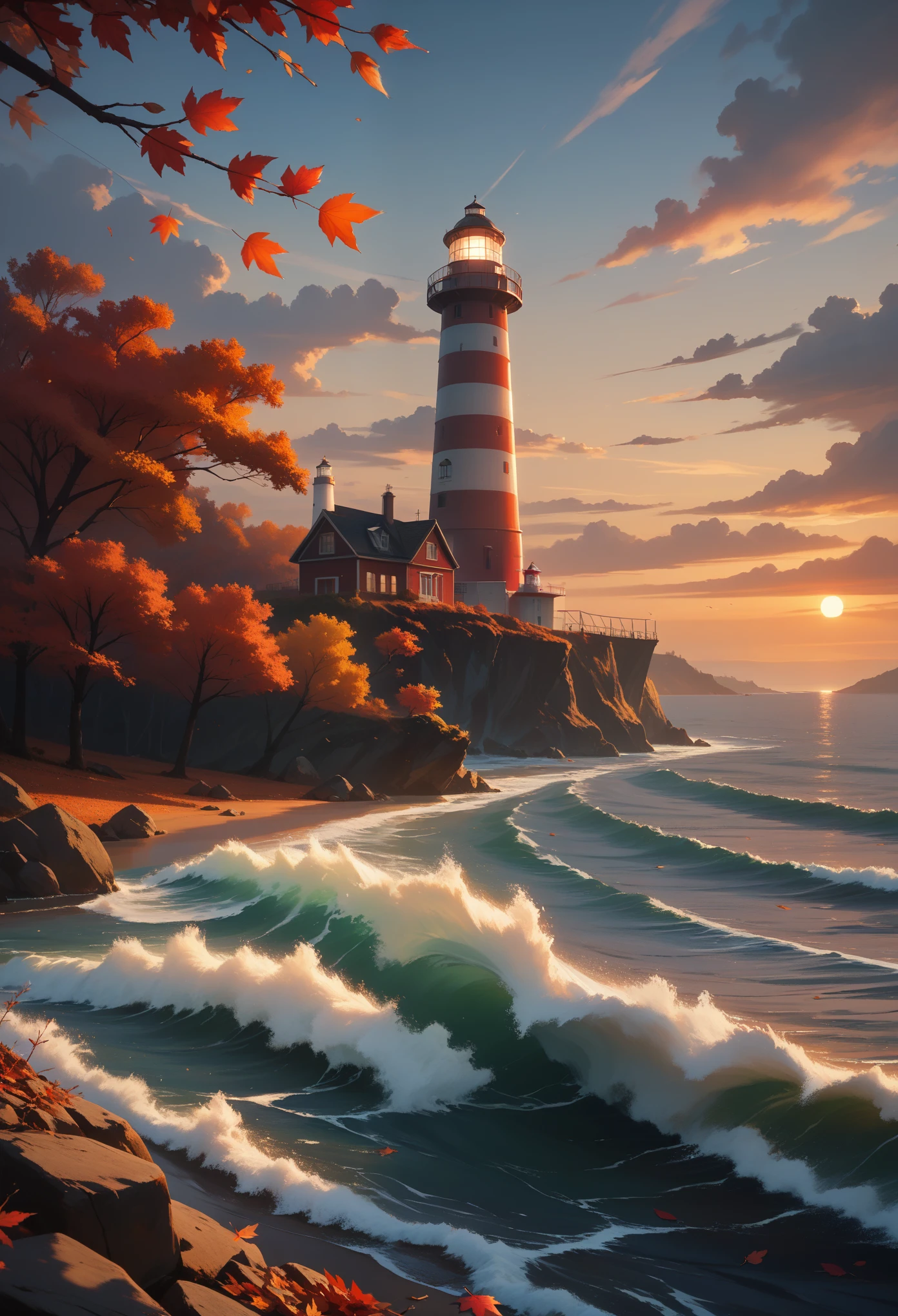 score_9, score_8_up, score_7_up, (masterpiece, best quality, UHD, 8K, 16K, ultra detailed), scenery, 1lighthouse, loneliness, sunset, autumn, (red leaves:1.1), (wind:1.2), [wave], cozy, vibrant color, cinematic composition, diffused light, dramatic ambient