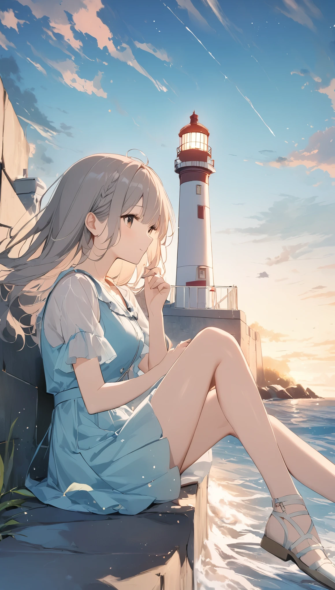 Pale lines and soft colors create a dreamlike effect., Fleeting Impressions..,One Woman、Breakwater and lighthouse、Girl sitting on breakwater、A sky full of stars、night