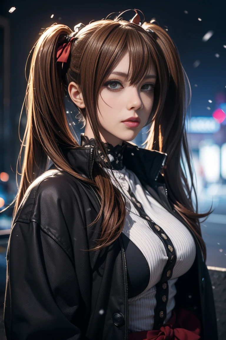 Starry Eyes, Looks even more beautiful than immortal, Ahoge, hair, Star-shaped pupil, amber eyes, Colored contact lenses, , high detail, anime, Romanticism, 【Contemporary, Gothic art, anime style, Cinema Lighting, Ray Tracing, Motion Ry, close, Sony FEGM, Ultra-high resolution, high detail, Best Quality, 8k, Big Breasts, light brown hair, Have, Twin tails, Clean your fingers, Well-formed fingers, Long jacket, ribbon, Mystery, knitted Have, snow, anger, impatience