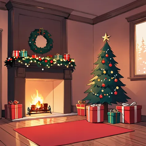 Christmas tree in a room with a fireplace、Two red gift boxes next to the tree、Carpeted floor、Small lighting on the wall、Simple lines、Simple design。