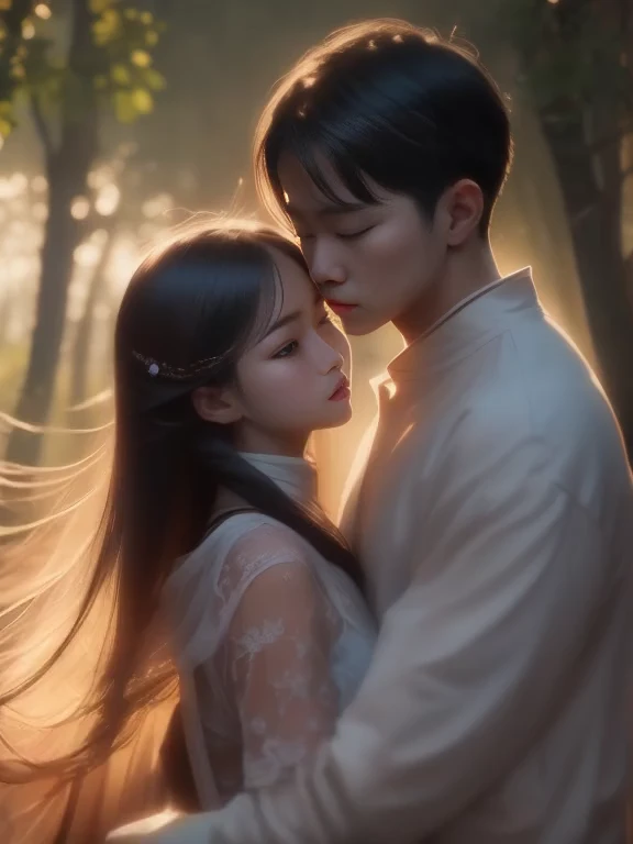 (Best Quality, Super Detail, Masterpiece, Representative Work, Official Art, Professional, Super Fine Detail, 8k:1.3), (photorealism:1.2), (Couple, Beautiful Girl and Boy), A couple in the sea of flowers, Handsome guy hugs beautiful girl from behind, Smiling and Wearing White Clothes, Delicate Hair, Chinese Beauty and Handsome Man, Wearing Ancient Chinese Clothes, Flowing Tulle, Light Silk, Create a movie poster similar to those used in Chinese romantic fantasy dramas, Correct proportions, Perfect face, perfect hands, Sweet atmosphere, Photorealistic, Sharp Focus, Dreamy Atmosphere, Delicate Details, Soft Volumetric Light, (Backlight:1.3), (Cinematic:1.2), Intricate Details, (ArtStation:1.3)