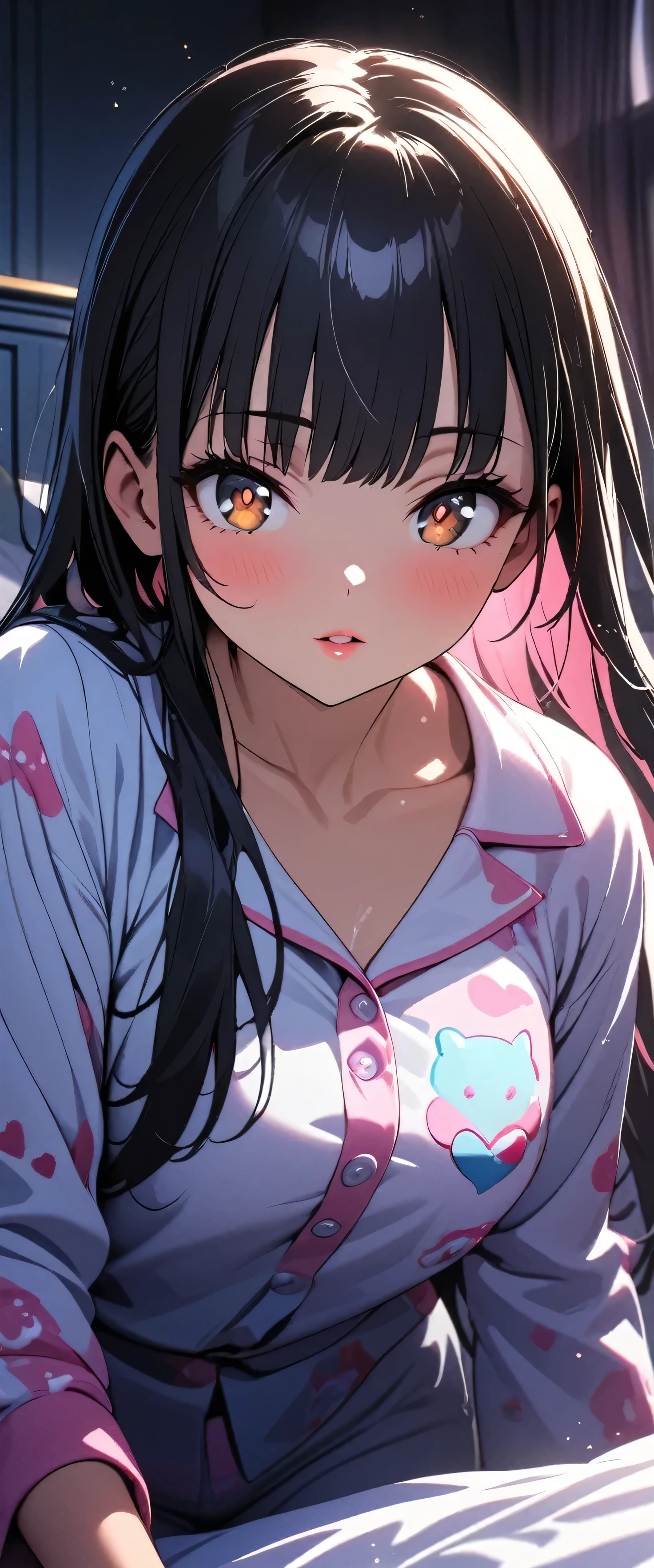 (beautiful girl: 1.3),One girl,masterpiece,Please redeem,Ultra-high resolution,Rich contrast,Very high quality,8k,Highly detailed CG unit wallpaper,Texture,So ridiculous,RAW Photos,Please redeem anime,Depth of written boundary 1.2,ultra-detailed eyes,Glowing Skin,Glitter Effect,Beautiful glossy lips,Yamada Anna,dark blue hair,brown eyes,long hair,sidelocks,pajamas,Girls Bedroom,bed