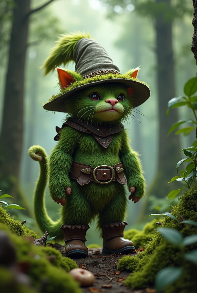 A green forest troll with a cat's face. Boots on his feet, a belt on his waist, a sharp high hat. Realistic image. Cinematic effect, ultra high quality, soft light, soft shadows, 16K