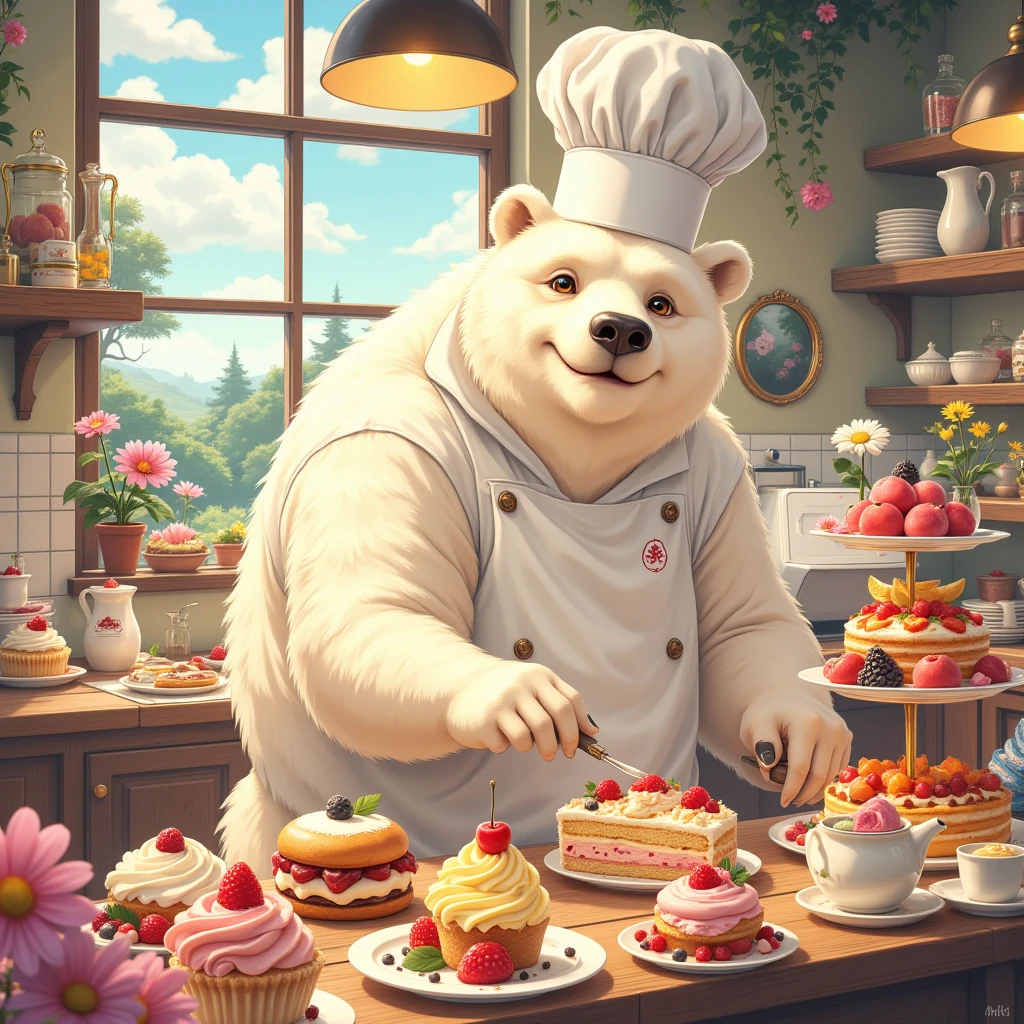 pastry chef, a plump middle-aged polar bear man, full body in Michelangelo Buonarroti style, digital illustration anime, character focus, full body, looking away, dynamic angle, BREAK happy, little smile, chef's hat, costume, boots, cook a cake, a beautiful pastel-colored patisserie, intricate and delicate cakes, delicate floral decorations, perfectly arranged dessert display, assorted fruits, sugar flowers, macarons, cupcakes, tarts, sweet treats, dynamic pose, detailed painting landscape, morning, patisserie, kitchen, indoor, france, BREAK complete anatomy, perfect proportions, beautiful thigh gap, fluffy body, intricate fur details, beautiful fur texture, BREAK detailed polar bear tail, detailed boots, detailed hands, 5fingers, 5fingers nails, BREAK aesthetic anime face, insanity detailed face, male face, big face, square jawline, aesthetic anime eyes, detailed brown eyes, detailed brown cornea, detailed dark brown irises, detailed pupils, male eyes, big eyes, male eyebrows, innocent look, beautiful beard, BREAK masterpiece, official art, best quality, very aesthetic, absurdres, super fine illustration, great quality, BREAK noise reduction, very highres, large filesize, high quality, 32K, 8k wallpaper, dynamic lighting, BREAK insanity detailed, ultra detailed, intricate details, extremely detailed, detailed texture, an extremely delicate and beautiful, full color, HDR, BREAK e621 uncut tag, Fur Affinity illustration, osukemo, kemohomo, anthropomorphic, furry, cartoon, harmonious, pastoral, virtuous