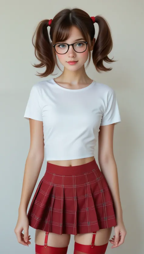 High image quality、masterpiece、Realistic、Perfect Anatomy,One teenager girl，cute女の子、超cute、onde Hair、Very short，、zoom、cute、Grey Eyes、、Twin tails、Glasses、White T-shirt、(Gingham Check Culotte Skirt:1.37)，Red Stockings、Red Garter Belt、belly button，blank，Black Light