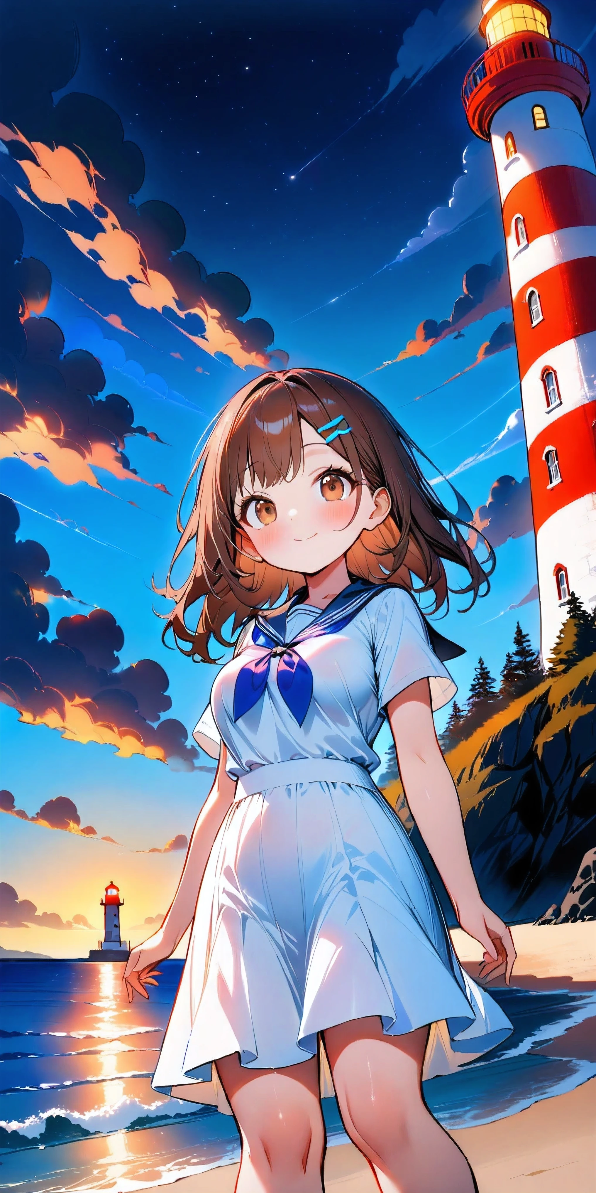 cute girl, (medium hair), (shoulder length hair:1.2), wavy brown hair, colorful hairpins, (bright expressive brown eyes), slight blush, petite body, (shortstack), (big breasts:0.4), natural round breasts, at Night, (long shot, from below:1.3), cute outfit, white blouse, frills, sailor collar, midi skirt, beret, lighthouse in the background scenery, blue sky, white clouds, white and red striped lighthouse, horizon over the sea, gentle breeze, hair blowing in the wind, sunlit skin, bright smile, shoreline, beach, casual sandals, peaceful atmosphere, (calm) ocean view, (lighthouse glowing) background, sparkling water reflection, (masterpiece, best Quality, 16k), high Quality Face, highly Quality background