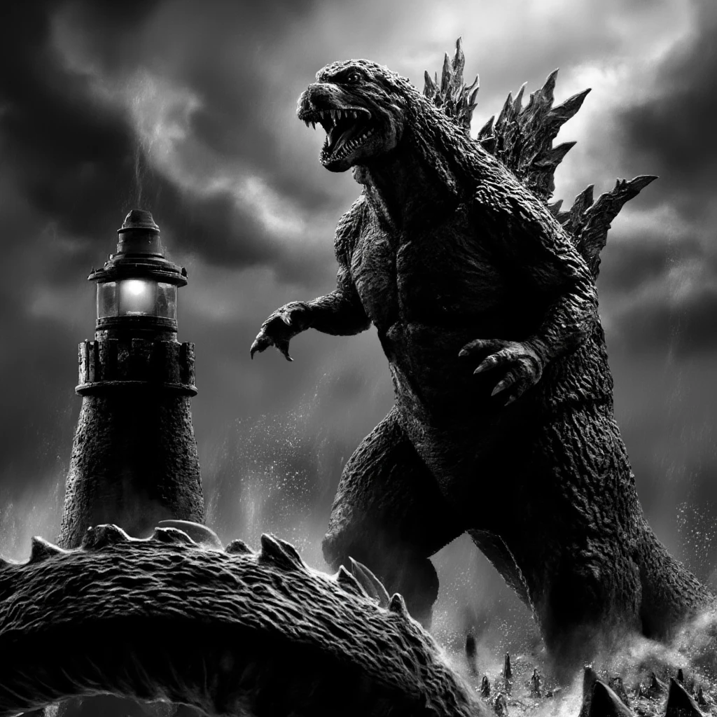 godzilla, big wave, stormy night, lighthouse, monochrome, Hi3_godzilla