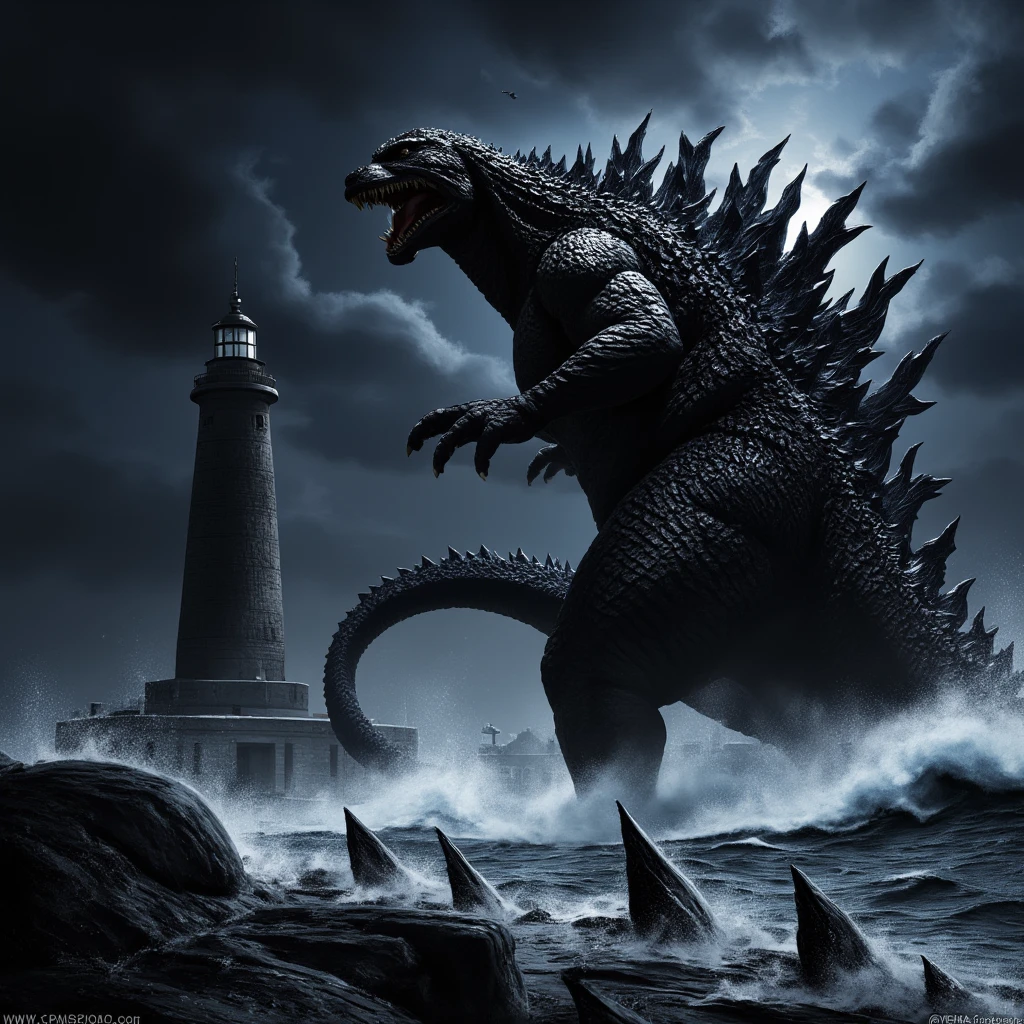 godzilla, big wave, stormy night, lighthouse, monochrome, Hi3_godzilla