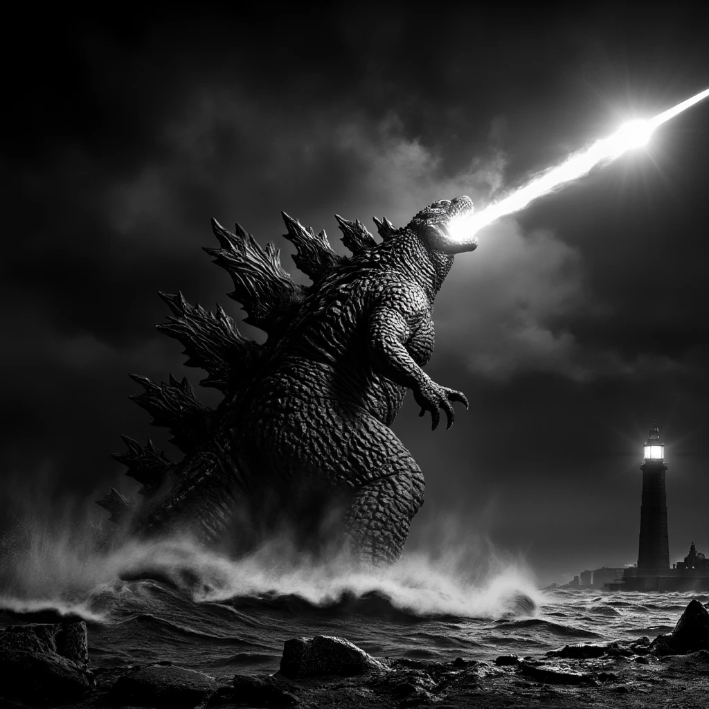 godzilla, big wave, stormy night, lighthouse, monochrome, Hi3_godzilla