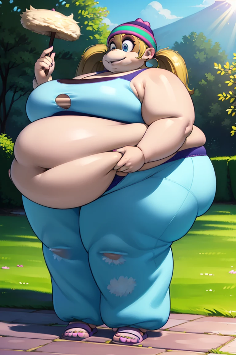 
[Tiny Kong],(Monkey , fat girl, young, Morbidly obese, very fat breasts, very low height),
((masterpiece)), ((HD)), ((high res)), ((solo portrait)), 
((full body)), ((back view)), ((lower-angle view)), ((ground-up POV)),
((feet visible)), ((furry; anthro)), ((detailed fur)), ((detailed shading)),
((beautiful render art)), ((intricate details)), {anthro monkey; brown fur,
(two nostrils), (cute blue eyes), (short eyelashes), blonde hair, twintails, 
(pink nails),(perfect hands, perfect anatomy),large breasts, lips, plump, thick thighs, thighs,  
(((oversized gigantic stomach)), curvy, large breasts, lips, plump, thick thighs, thighs, (((oversized gigantic stomach)), 
large breasts, lips, plump, thick thighs, thighs, (((oversized gigantic stomach))  
(surprised expression)}, {(blue sports bra), (white flower print on sports bra),
 (blue sweatpants), (purple beanie), (green stripes on beanie), (hoop earrings)}, {(on picnic blanket), 
(all fours), (looking back), (looking at viewer)}, [background; (tropical forest), (grass plains), 
(blue sky), (sun rays), (ambient lighting)]