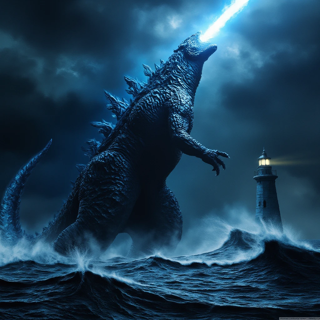 godzilla, big wave, stormy night, lighthouse, monochrome, Hi3_godzilla