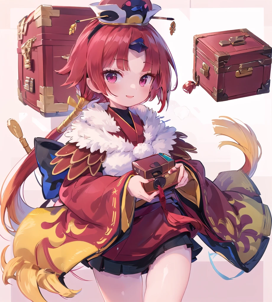 ((masterpiece,best quality:1.2)),((Detailed Square treasure chest:1.4)),smile,1girl,be_nienma,((red japanese clothes:1.2)),red hair,2 small white pom-poms,parted sleeves past wrists,Black mini skirt,hat,