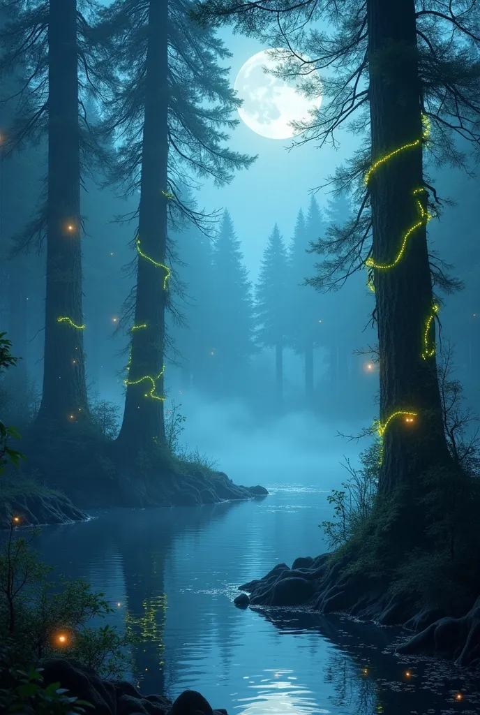 A glowing, mystical forest with ancient, towering trees covered in bioluminescent vines. The ground is misty, with soft light filtering through the trees. In the center of the scene, a serene, shimmering lake reflects a glowing full moon. Fireflies float above the water, creating a magical, otherworldly atmosphere.
